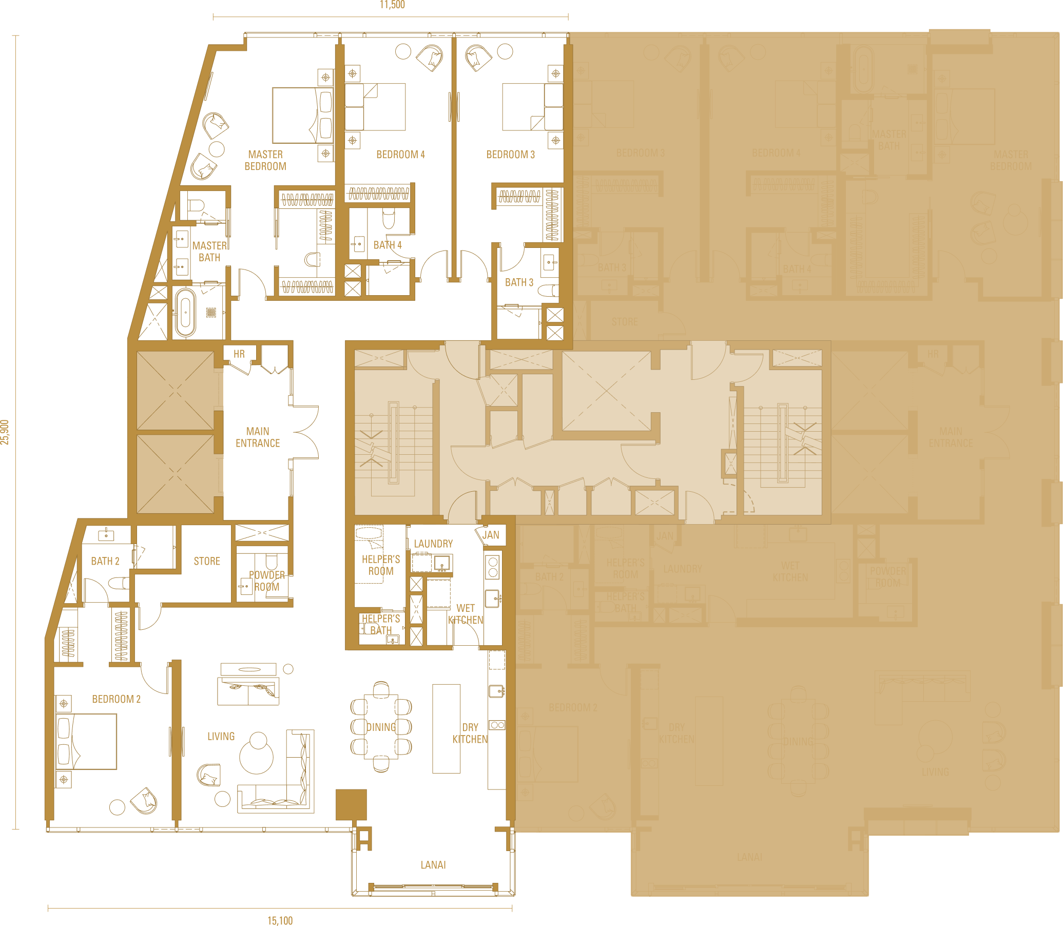 Imperial Residences Type H1, 3,380 sq ft, 4 ensuite bedrooms and lanai floor plan