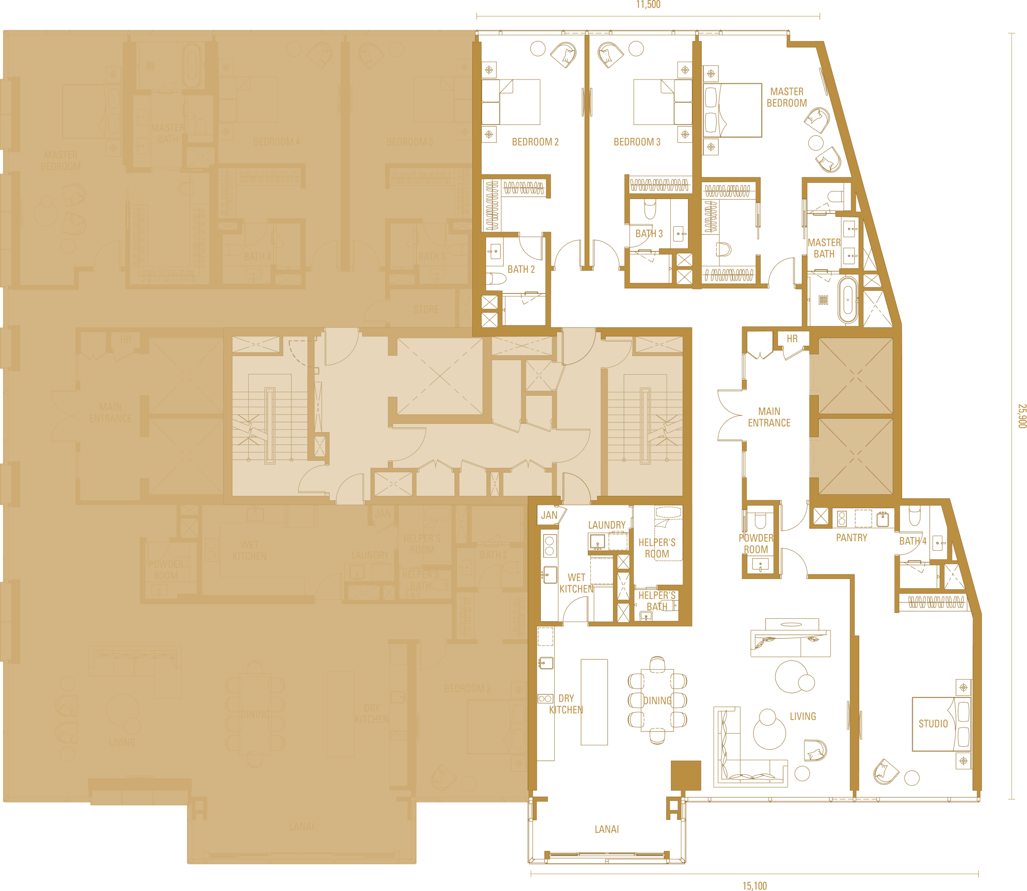 Imperial Residences Type H1A, 3,380 sq ft, 3 ensuite bedrooms + studio and lanai floor plan