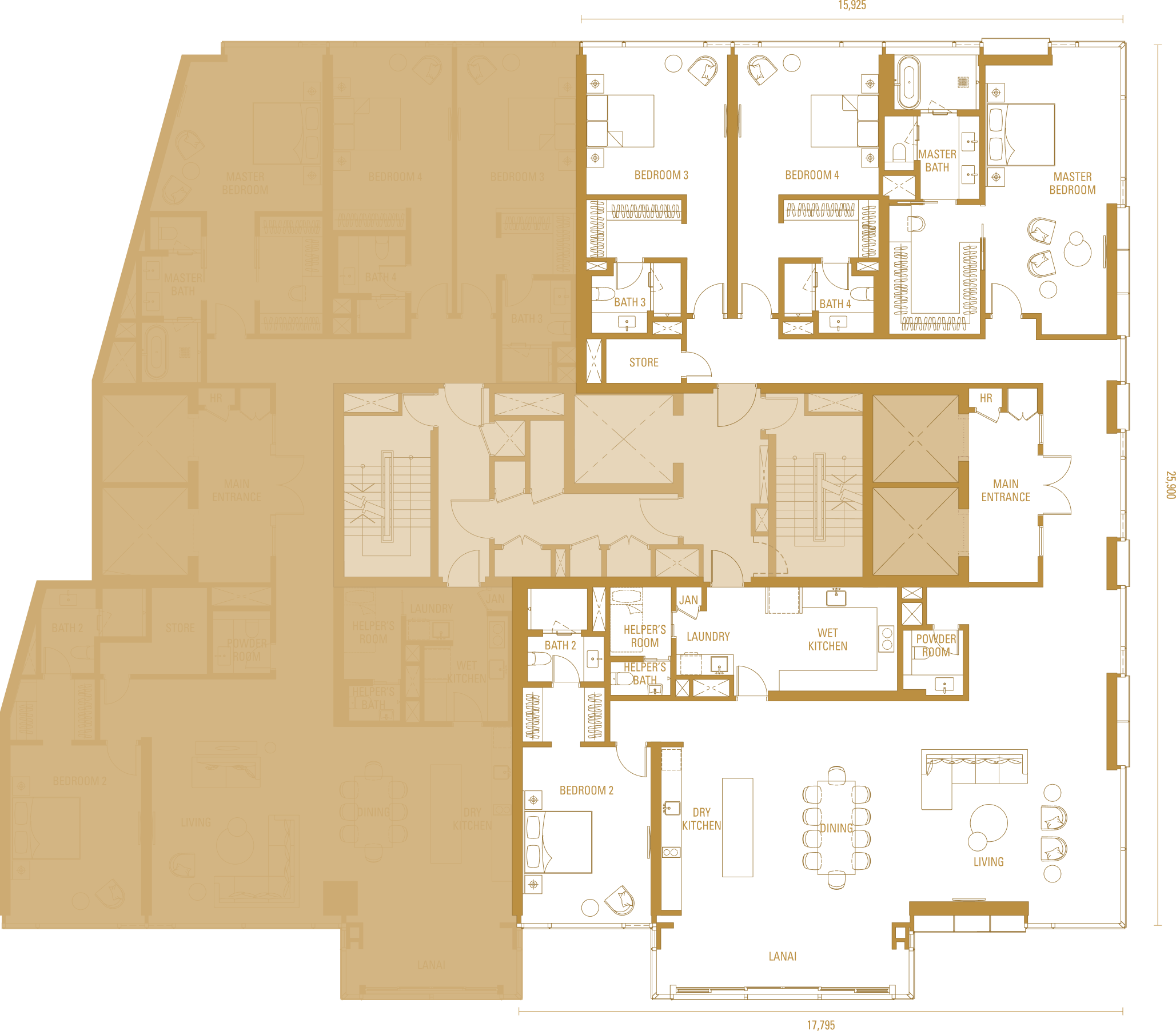Imperial Residences Type H2, 4,090 sq ft, 4 ensuite bedrooms and lanai floor plan