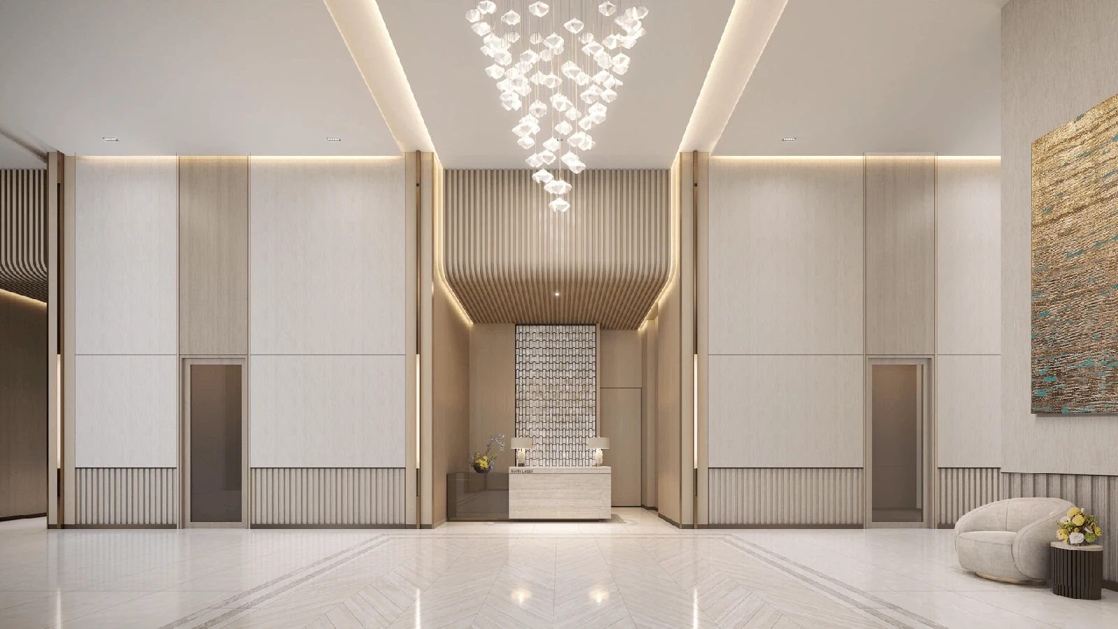 Imperial Residences residents’ lobby with seating and warm lighting
