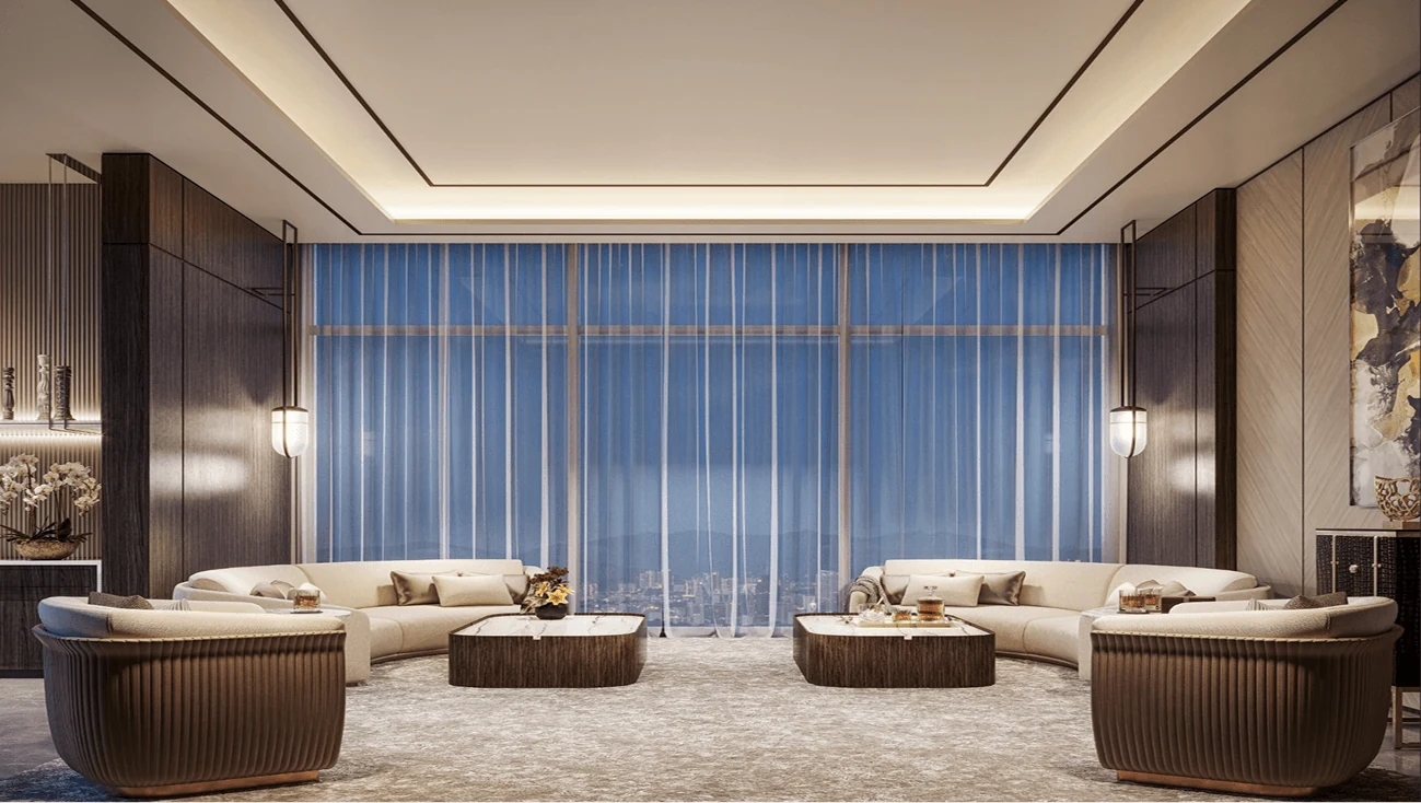 Imperial Residents lounge with seating and full-height windows