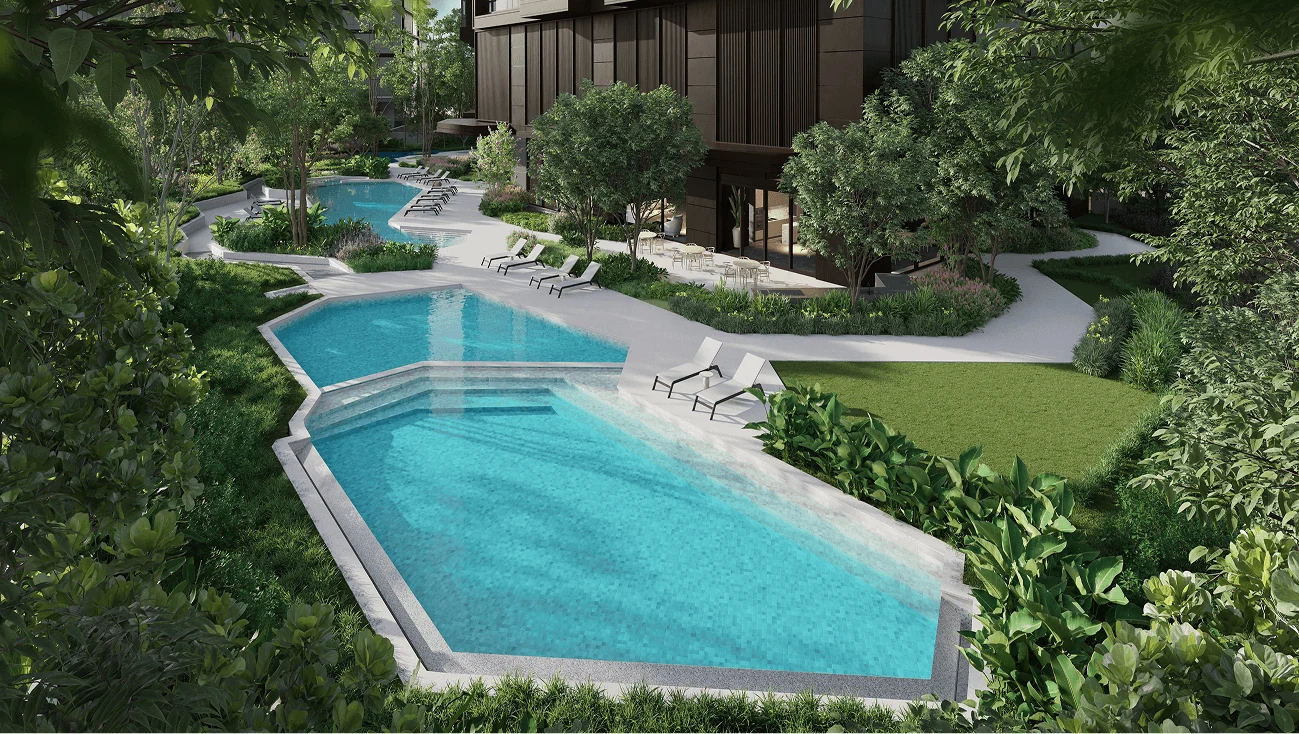 Imperial landscaped leisure pool with stepping stones and greenery