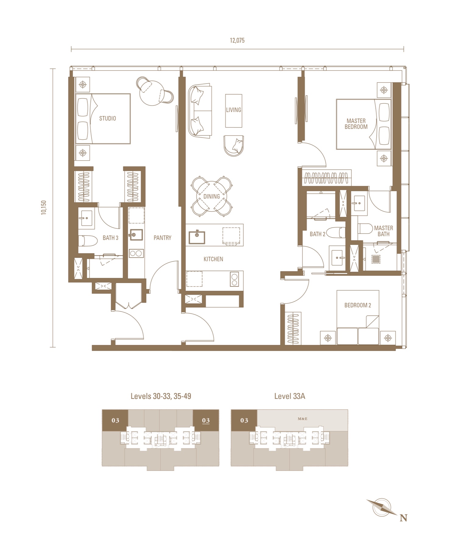 Royal Suites Type DK1, 1,302 sq ft, 2 bedrooms + studio · dual-key floor plan