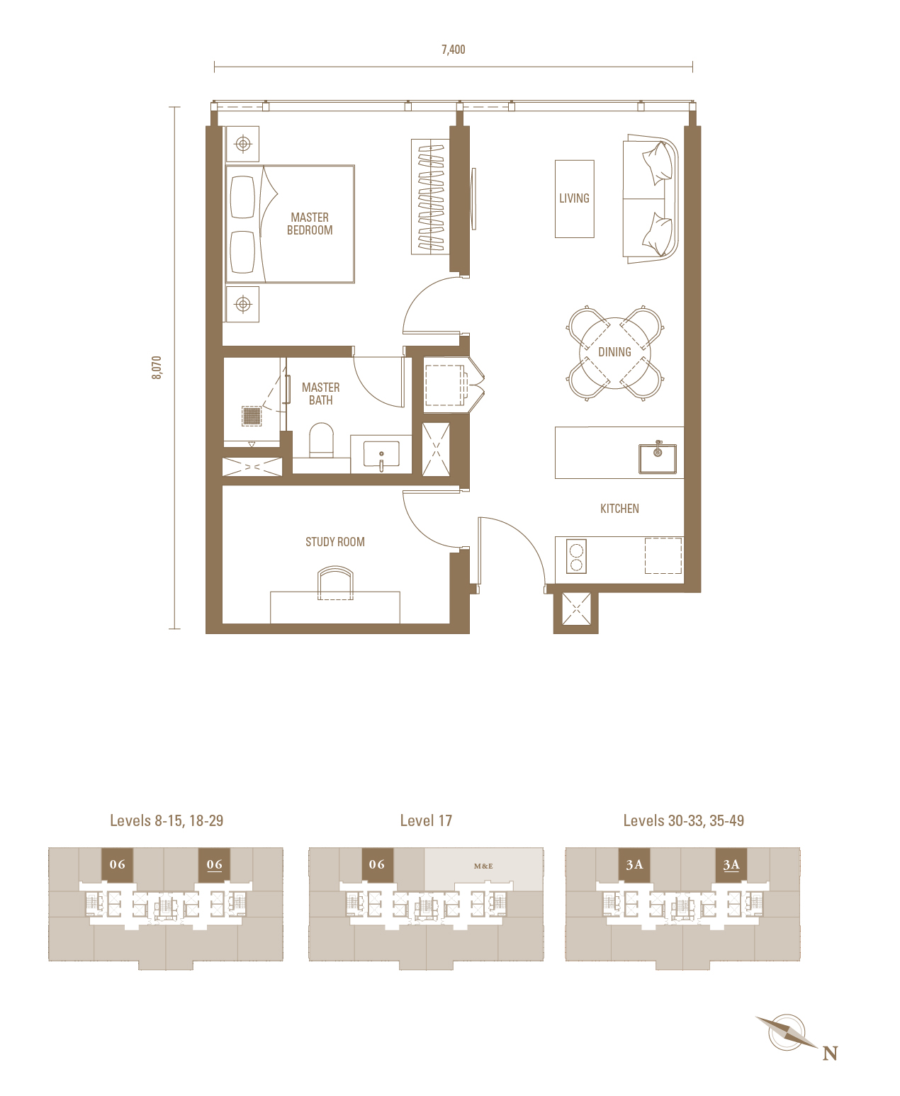 Royal Suites Type J1, 635 sq ft, 1 bedroom + study floor plan