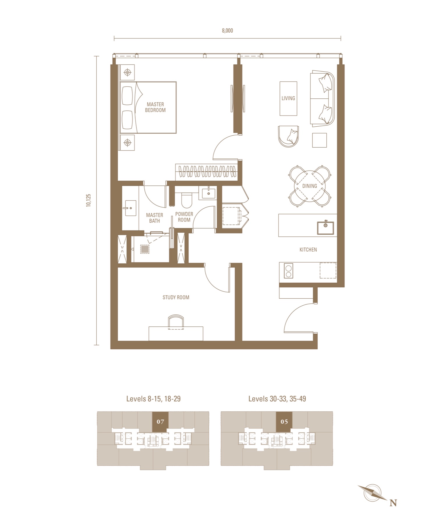 Royal Suites Type J4, 850 sq ft, 1 bedroom + study floor plan