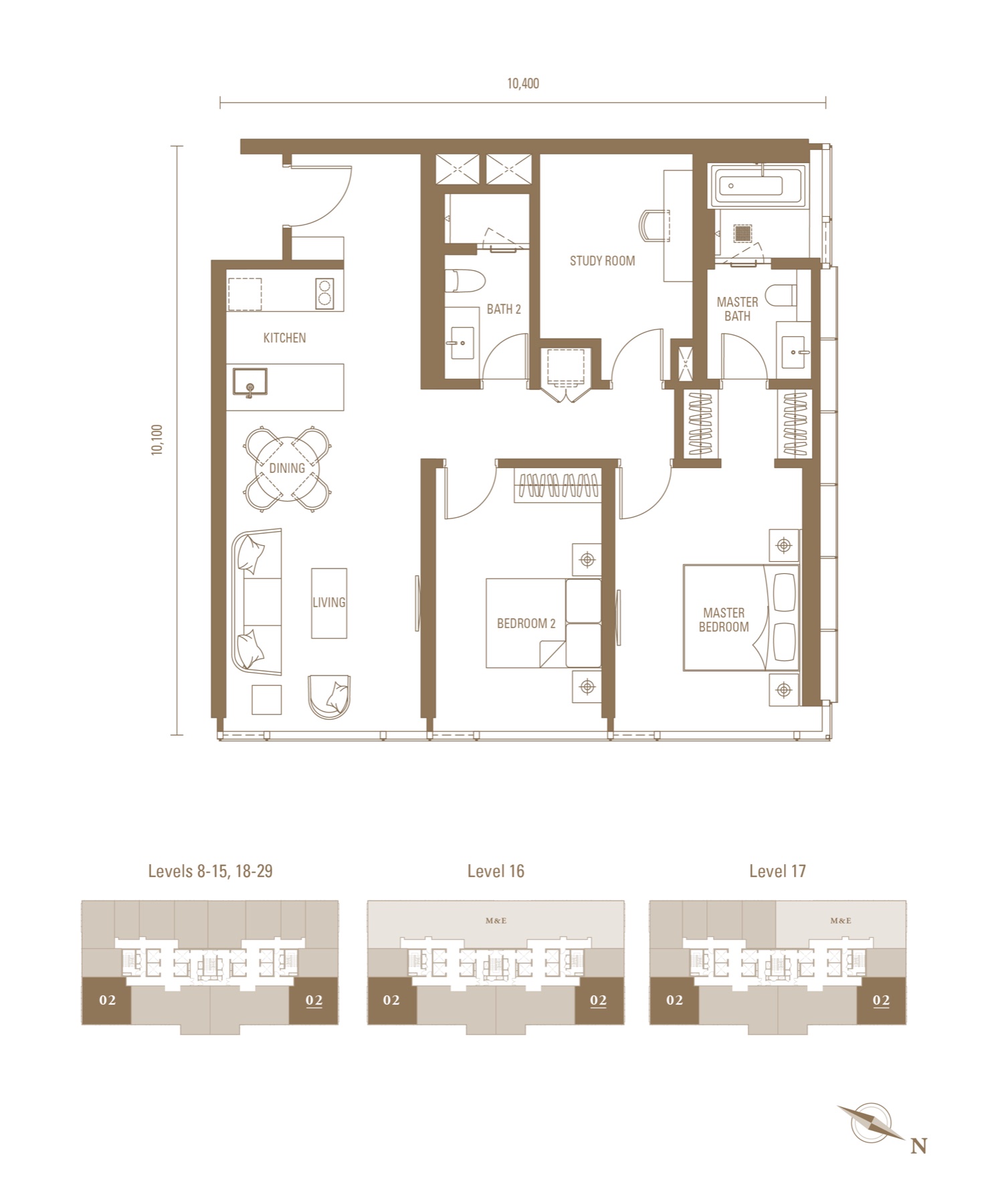 Royal Suites Type M1, 1,119 sq ft, 2 bedrooms + study floor plan
