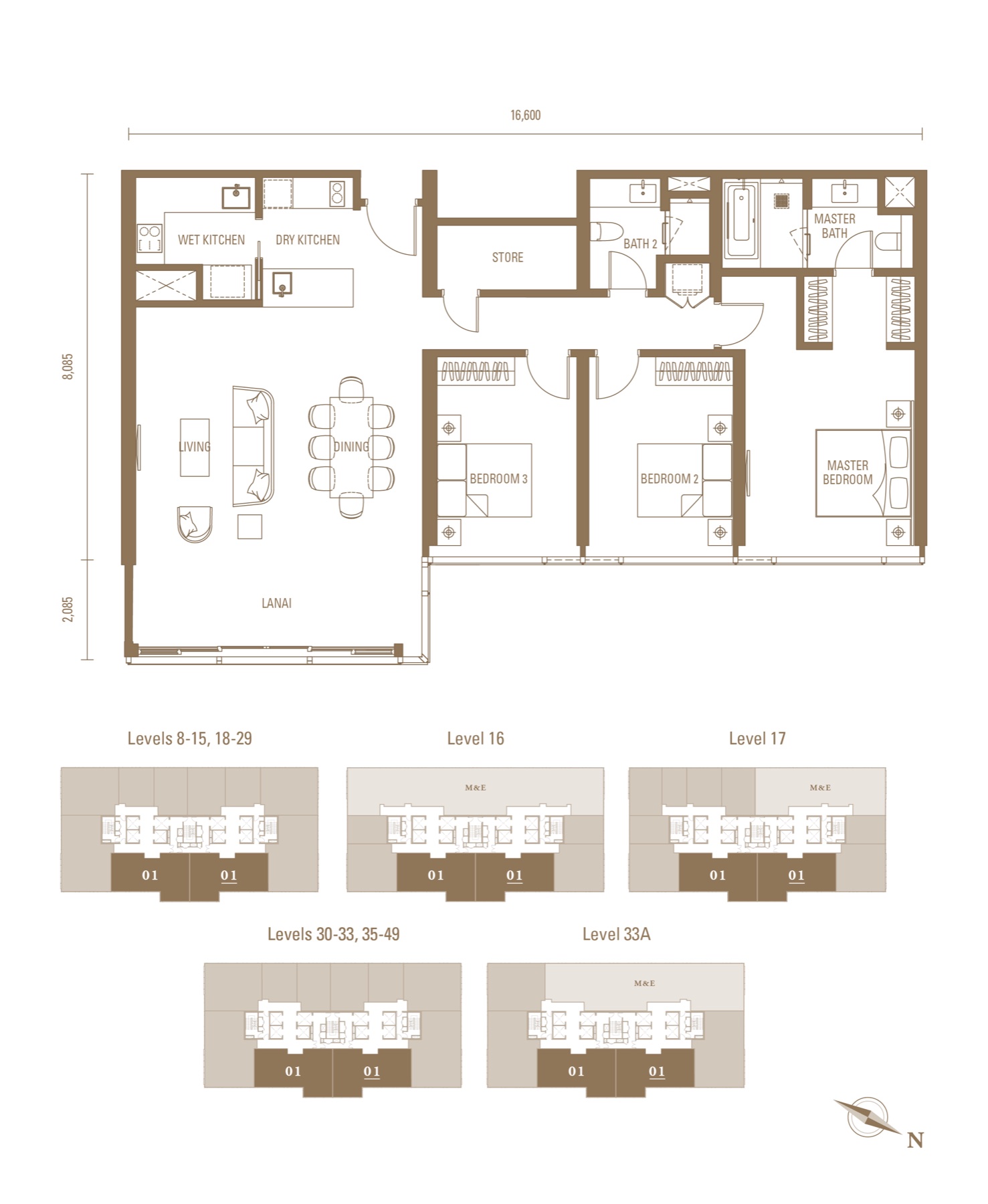 Royal Suites Type M2, 1,550 sq ft, 3 bedrooms floor plan